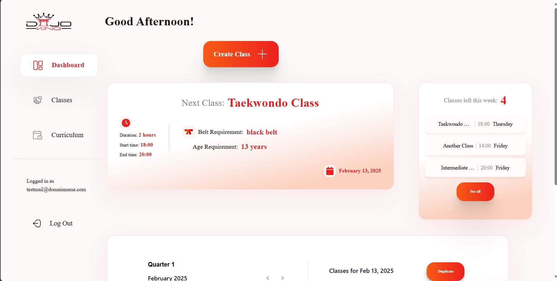 Screenshot of Martial Arts School Scheduling System
