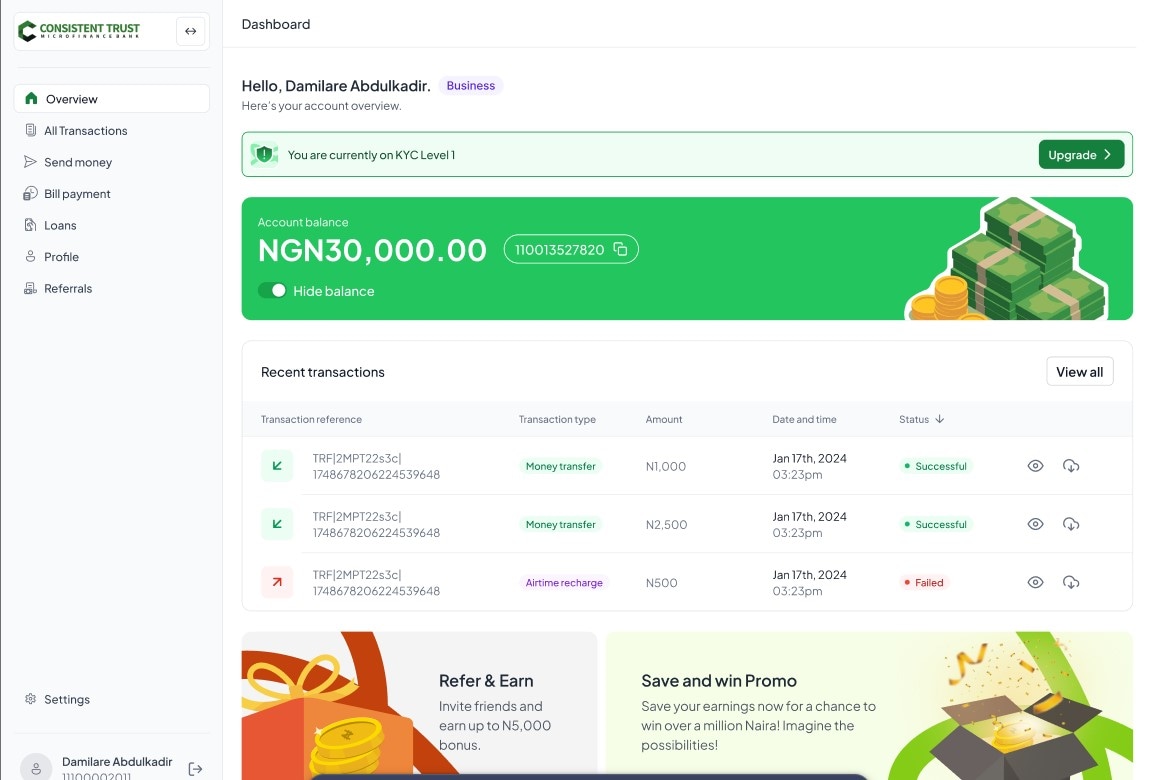 Screenshot of CTMFB Business Banking Platform